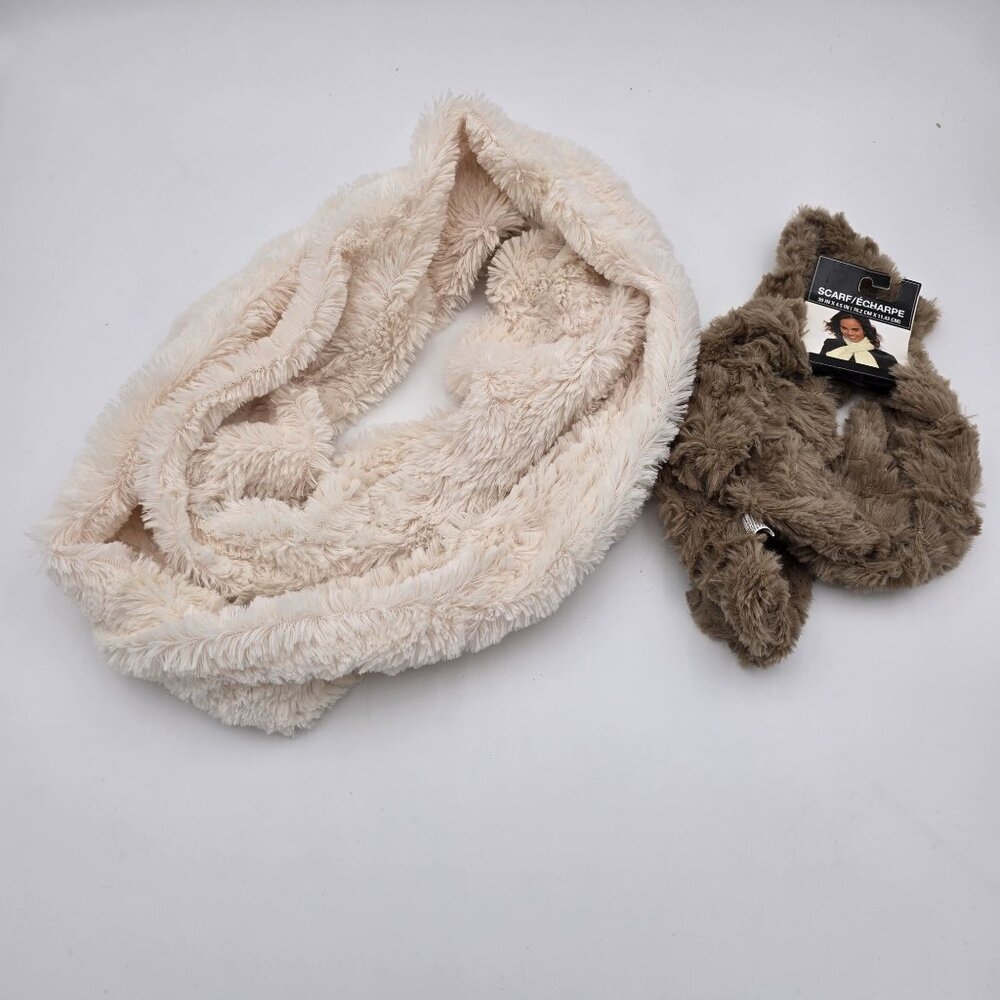 Posh Plush Infinity & Classic Faux Fur Scarves Beige & Taupe Polyester Bundle